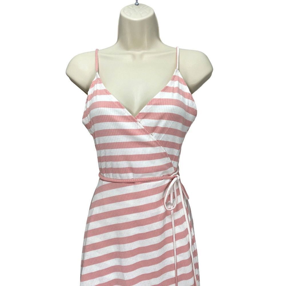 Olivaceous Wrap Midi Dress Pink and White Ribbed Summer Dress Tie Waist Womens S - Picture 2 of 8